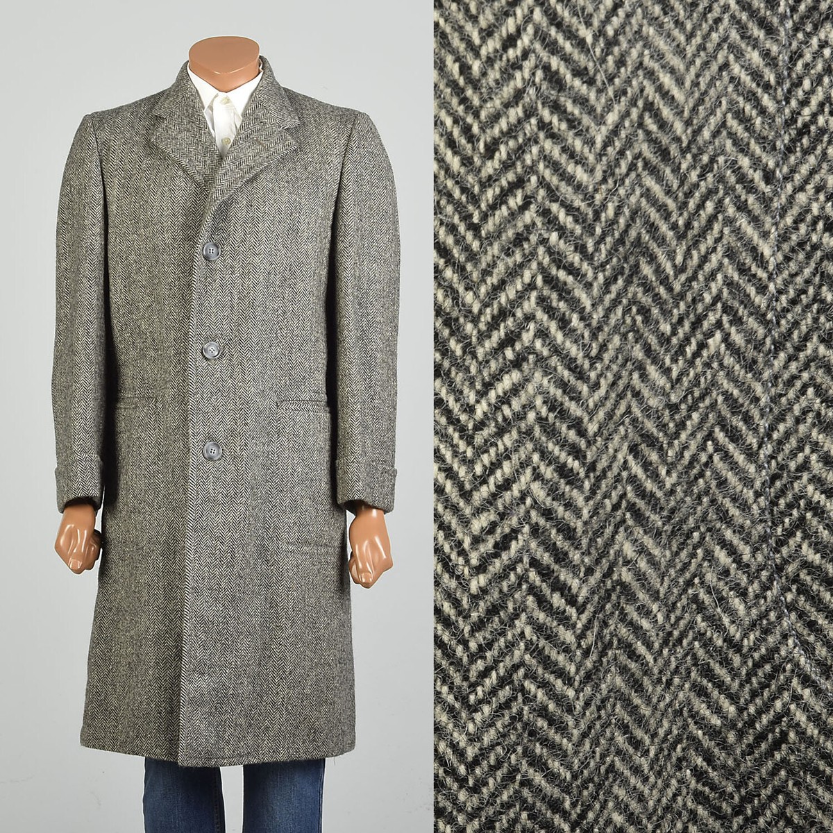 Medium 1960s Gray Tweed Herringbone Mens Vintage Buttoned Car Coat