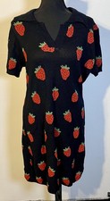 Cider Sweater Dress Womens 1XL Black Strawberry Print Knit Short Sleeve Collar