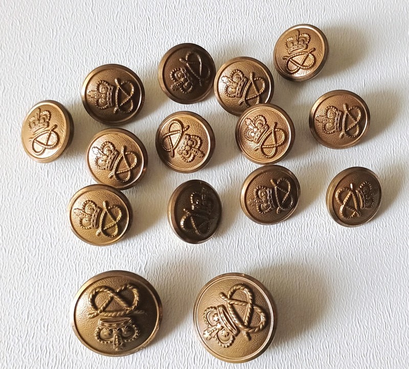 VTG 13+2 Waterbury Button Company Blazer 22mm 17mm Set Brass Kings Crown Rope