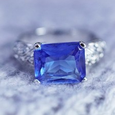 Size 8, vintage Sterling 925 silver handmade ring with blue Cz