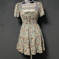 Angie Mini Dress Womens M Blue Floral Flutter Sleeve Smocked Cottagecore Spring