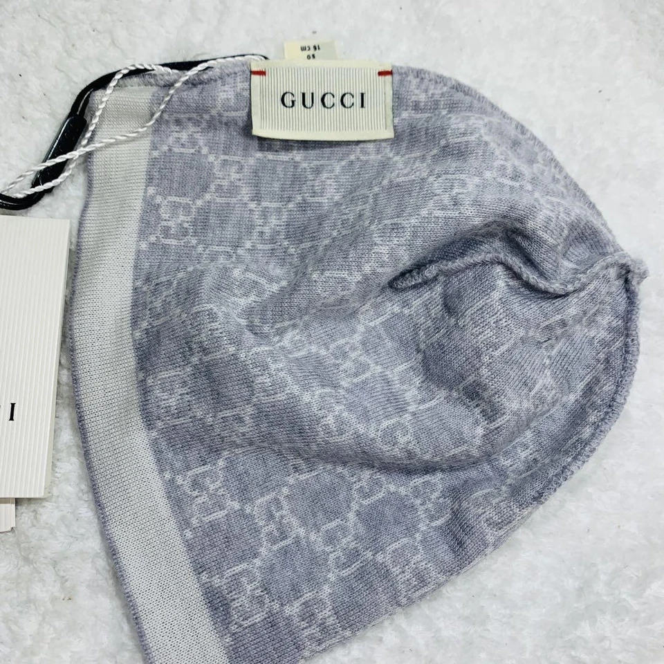 GUCCI Blanco Gris GG Lana Gorro Talla: L Cabeza Cir.: 56 cm 22 pulgadas Sin usar Foto 3 de 4