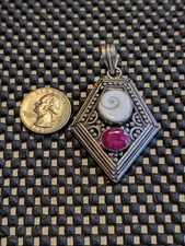 Silver Handmade Artisan Pendant with ruby and shivah shell  Sterling Silver