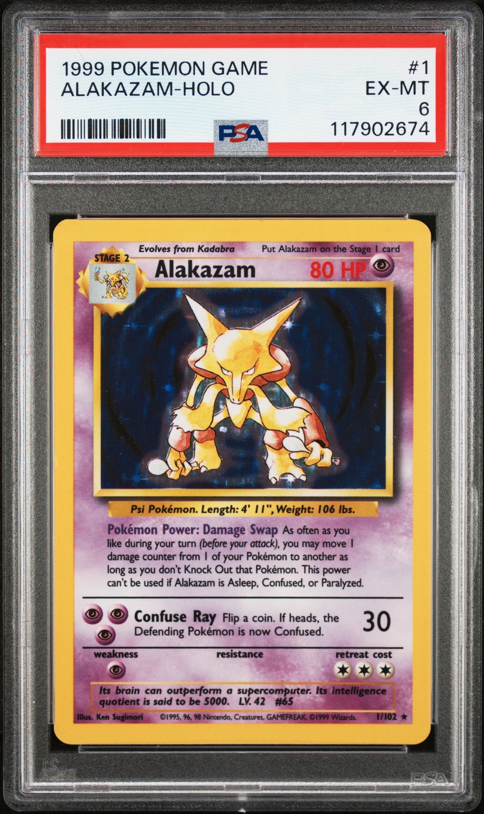 1999 POKEMON BASE SET UNLIMITED #1 ALAKAZAM-HOLO PSA 6