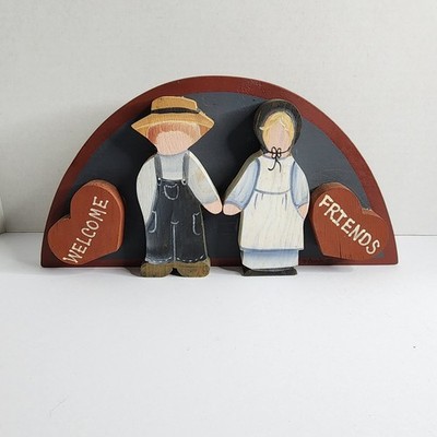 Vintage 1987 Hand Painted Amish Wood Welcome Friends Wall Plaque Folk Art 3D