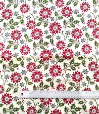 1 yards Benartex Christmas fabric HOLLY, SNOWFLAKES, RED FLOWERS on cream