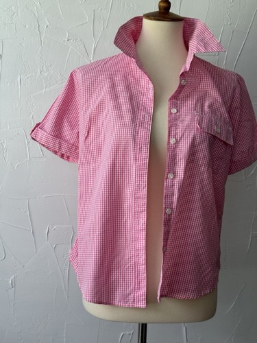 Women’s Blouse Pink Gingham Short Button Sleeve, No Iron Cotton Blend S, BasicEd - Picture 8 of 20