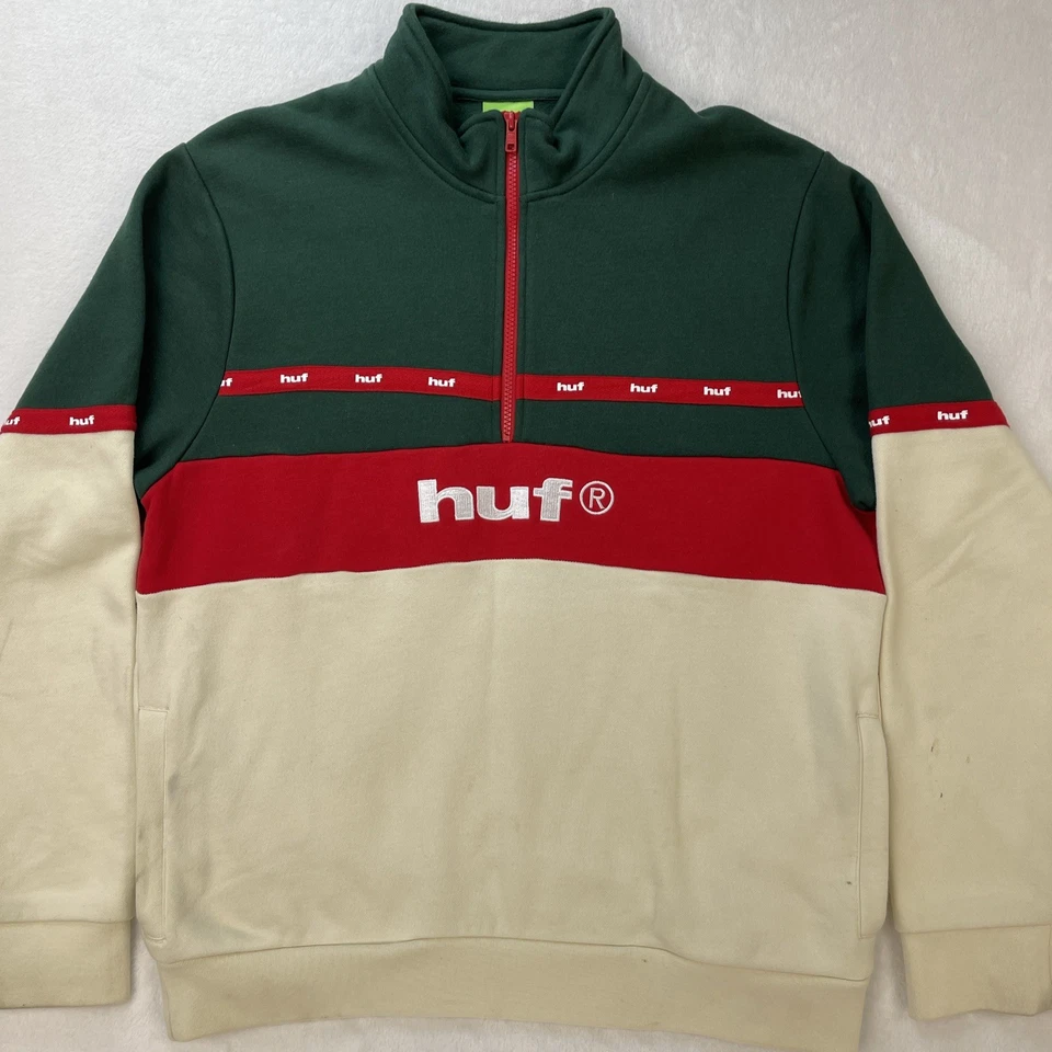 Sudadera HUF Grabada Para Hombre 1/4 Cremallera Verde Rojo Blanco Para Hombre Talla Grande L Patín Foto 2 de 4