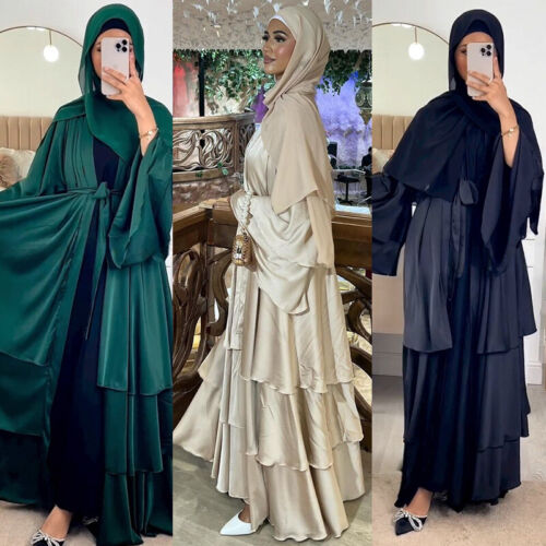 Muslim Open Kimono Cardigan Abaya Ruffles Women Maxi Dress Kaftan Dubai Casual - Picture 1 of 45