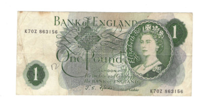 BANK OF ENGLAND J.S.FFORDE 1967  PREFIX K70Z 863156 FREEPOST UK