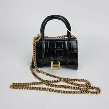 BALENCIAGA Mini Hourglass Embossed Black Shiny Leather Bag New