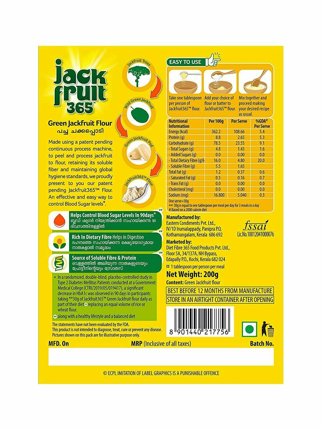 Pack of 5 Jackfruit 365 Green Flour Powder 200gram Each Total 1Kg Fast