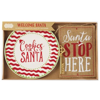 NEW~Mud Pie~Christmas Welcome Santa Set~Cookie Plate, Stop Here Sign & Key~Set 3
