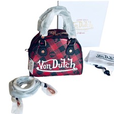 New Von Dutch Red & Black Plaid Handbag Bowling Bag Crossbody Satchel Purse Nwt