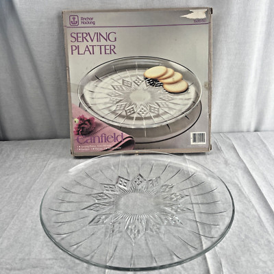 Anchor Hocking Canfield Serving Platter 12''. Diamond Pattern Cut Glass Round NOS