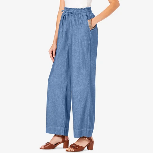Women's Wide Leg Elastic High Waisted Pull On Drawstring Baggy pants - Picture 4 of 10