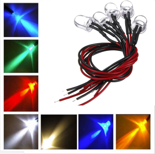 2 LED Verkabelt 10mm Licht Weiß Blau Rot Grün Ultrahelle Leds 12V Kabel Dioden - Afbeelding 1 van 1