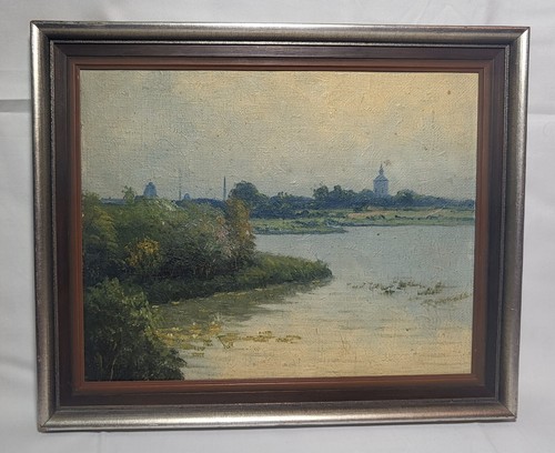 Vintage Original Oil on Board Painting Riverside Landscape Village Sz 33x27cm - Picture 12 of 24