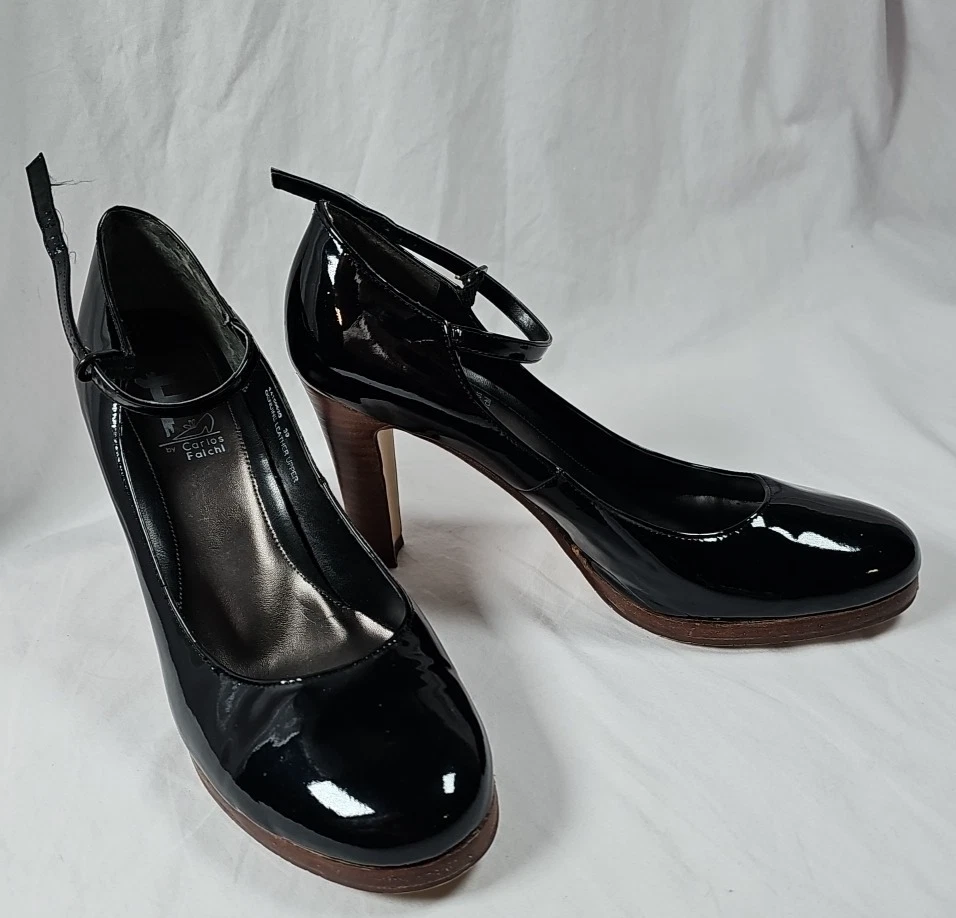Falchi charol negro puntera redonda Mary Jane Pump tacón talla 9/39 Foto 3 de 4
