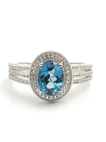 Sterling 925 Oval London Blautopas CZ Halo Pave Split Cocktail Band Ring