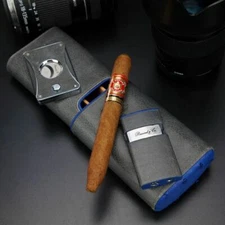 Brizard and Co.  Blue Ostrich and Grey Leather Case, Cutter and Lighter Combo