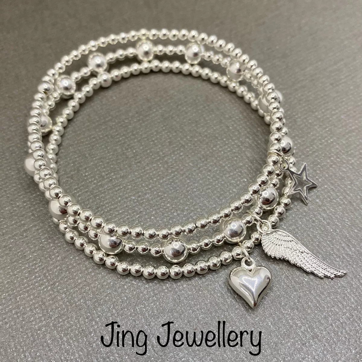 Sterling Silver Beaded Stretch Bracelet Stack With Heart Angel Wing Star 925
