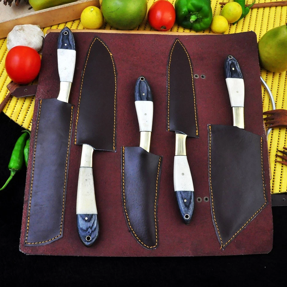 Juego de cuchillos de cocina hechos a mano de 5 piezas con cubierta de cuero de cortesía Foto 4 de 4