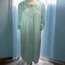 Vtg Lorraine Blue Nylon Nightgown Robe Lingerie Short Sleeves Lace Rose Size M