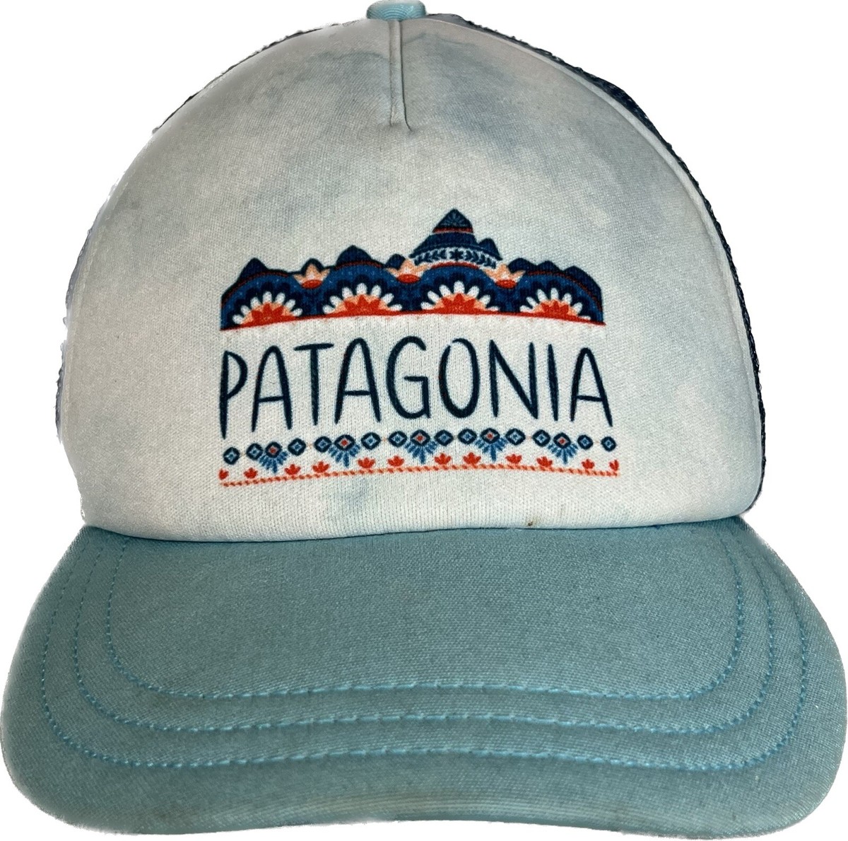 Patagonia Tie Dye Trucker Hat Graphic Spellout White Blue 