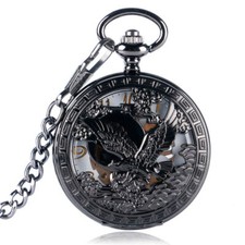 Black Hollow Eagle Hand-winding Mechanical Men Pocket Watch Skeleton Steampunk
