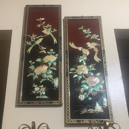 Vintage Chinese Lacquer Wall Panels Pair, Mother-of-Pearl Inlay Birds & π