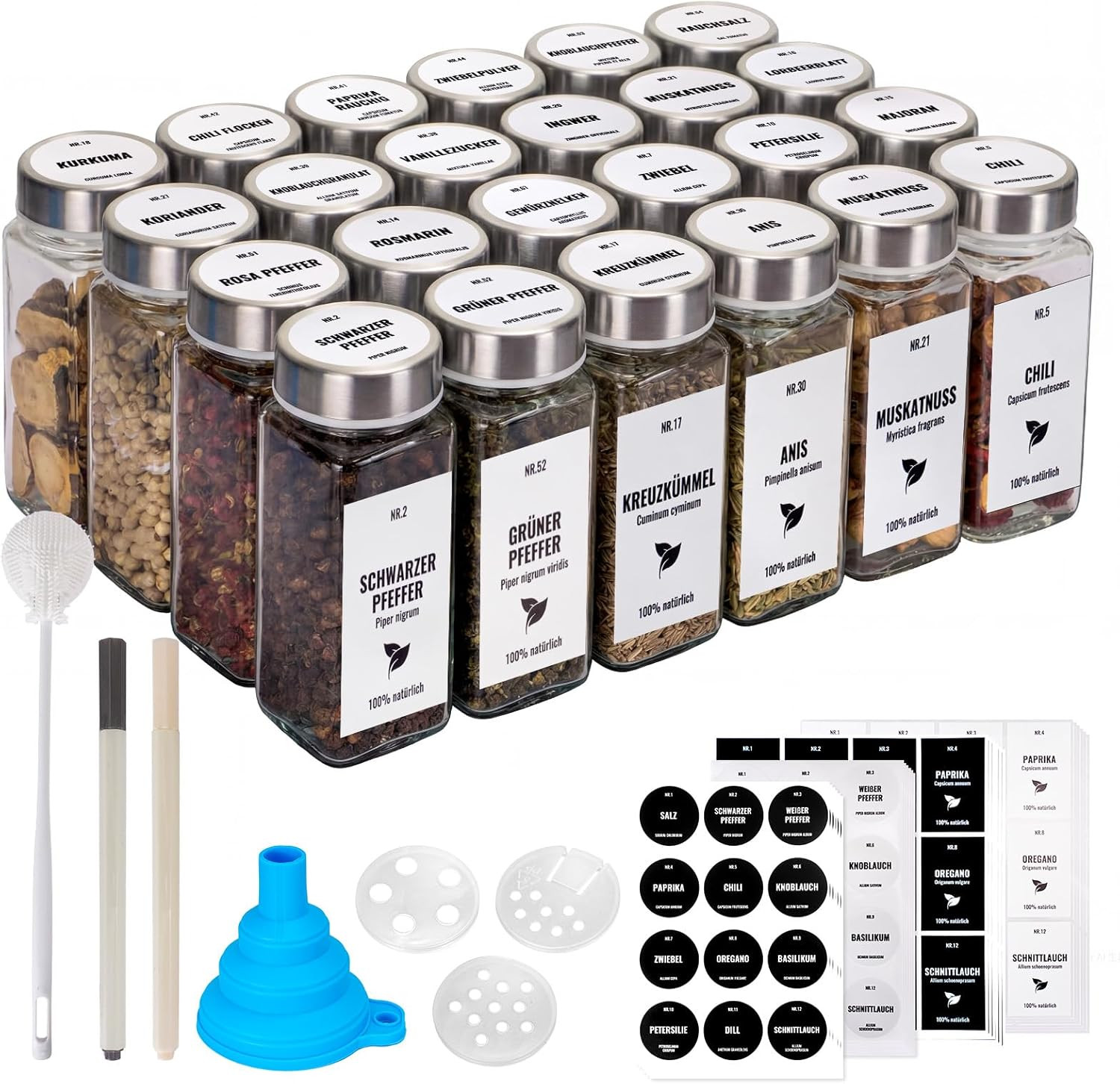 24 Pcs Spice Jars with Lids and Labels, 120Ml Glass Spice Jars with Stainless St