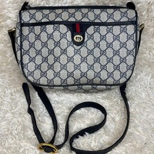 GUCCI PVC Leather Shoulder Bag Navy GG Supreme Web Stripe Sherry Line Vintage