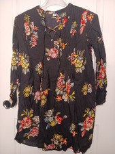 Old Navy SP Small Petite Floral Boho Blouse Dress Black Peasant Tunic Top Tie...