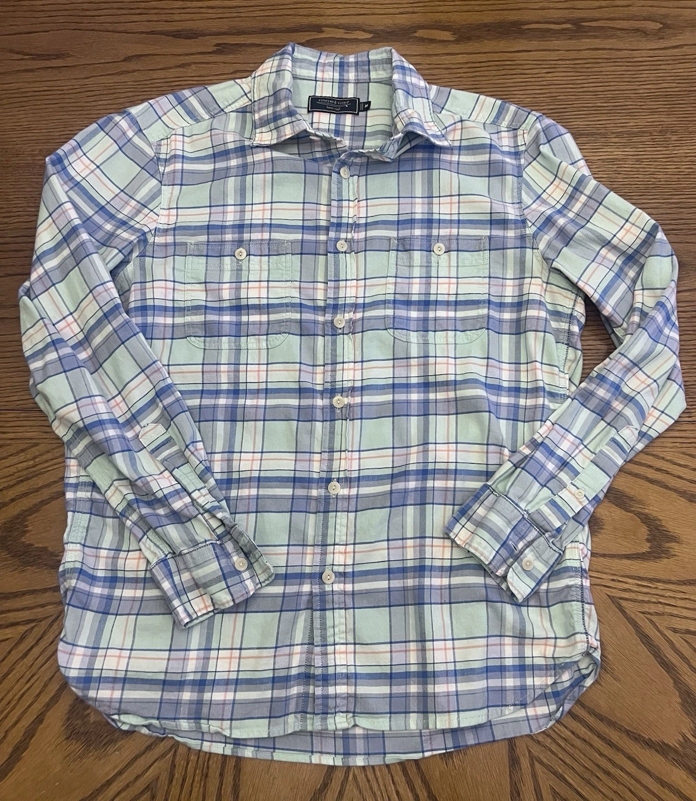 Vineyard Vines Plaid Shirt Men Medium Pastel Plaid Classic Cotton Linen Blend