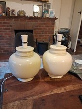 Pair Off Large cream beige crackle glaze ceramic table lamps By Focus 