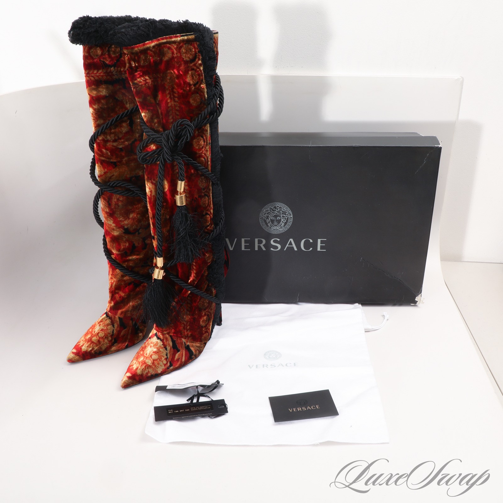 NIB Versace Made in Italy Red Multi Neoclassic Barocco Velvet Tassel Boots 40 thumbnail 9