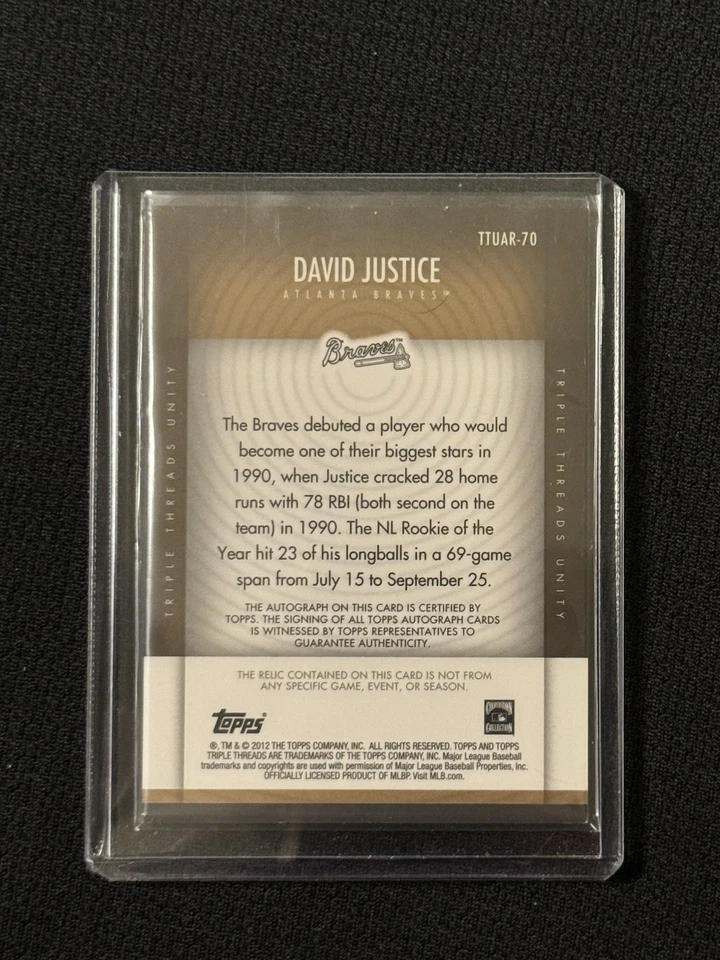 2012 Topps Triple Threads David Justice Auto Relic /25 Gold Game Used Bat! - Image 3 of 3