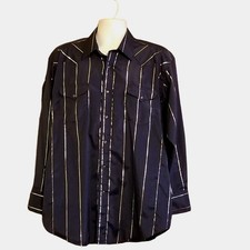 VINTAGE Panhandle Slim Shirt Mens 17 Blue Metallic Stripe Pearl Snap Western