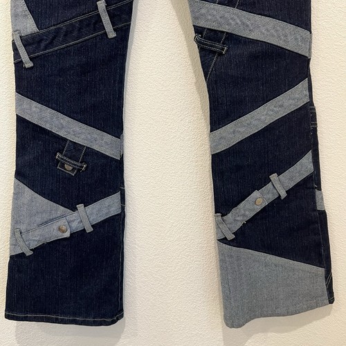 Vintage Le More Damengröße 9 zweifarbig blau Jeans ausgestellt Bondage Schnallen Y2K - Bild 14 von 14