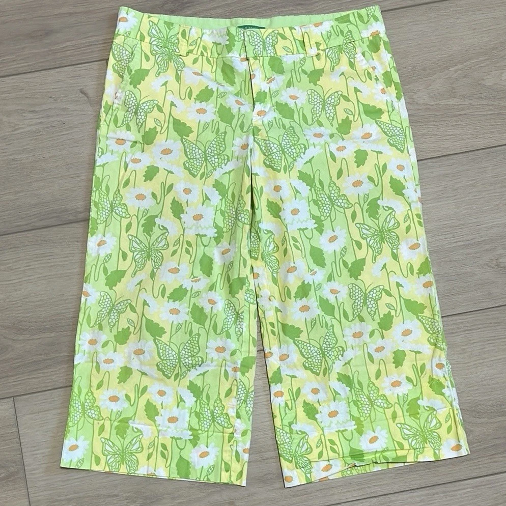 Lilly Pulitzer Daisy & Butterfly Print Yellow & Green Capri pants shorts Size 4