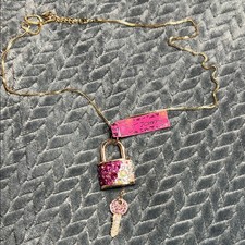 Betsey Johnson Pink and Gold Padlock Charm Necklace with key new