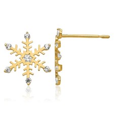 14K Solid Yellow Gold CZ Snowflake Stud Earrings