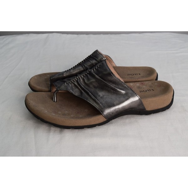 Taos Gift 2 Sandal 12 Pewter Metallic Ruched Leather Thong Slide Womens Comfort