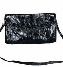 Vintage 70s Black Eel Skin Shoulder Envelope Clutch Bag Handbag Purse