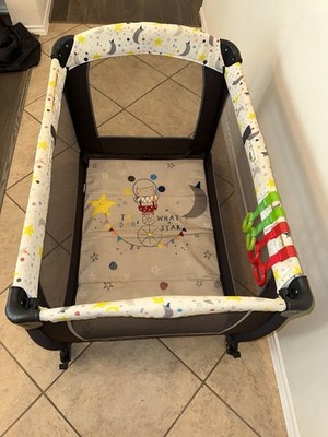 Baby Trend Foldable Play Yard w/ Wheels, Star Design, Brown/White/Yellow