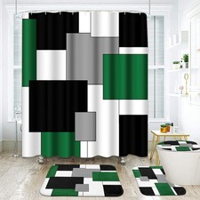 Geometric Green Bathroom Set Shower Curtain Rugs Accessories Modern 4 PCS