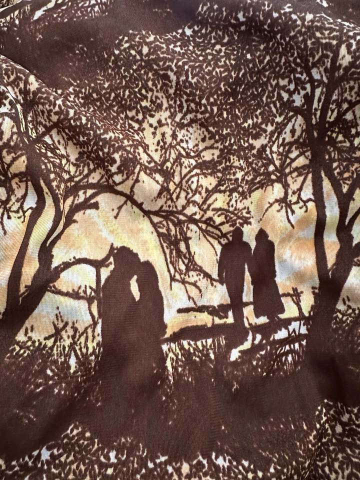 Vintage 70s Novelty Print Lovers Tree Bell Sleeve Hippie Boho Mini Dress M L - Image 2 of 4