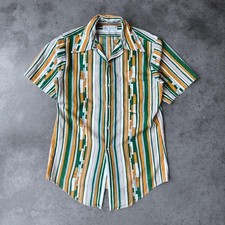 Vintage 70s Geometric Print Shirt Short Sleeve Button Up Green Yellow Small