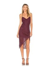 LOVERS FRIENDS Merlot Purple Asymmetrical Lace Midi Skylight Dress Sz M Lined